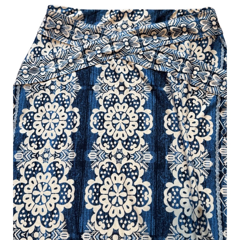 Blue White Printed Midi Skirt Women Medium Boho A-Line Stretch Cotton - Picture 3 of 3